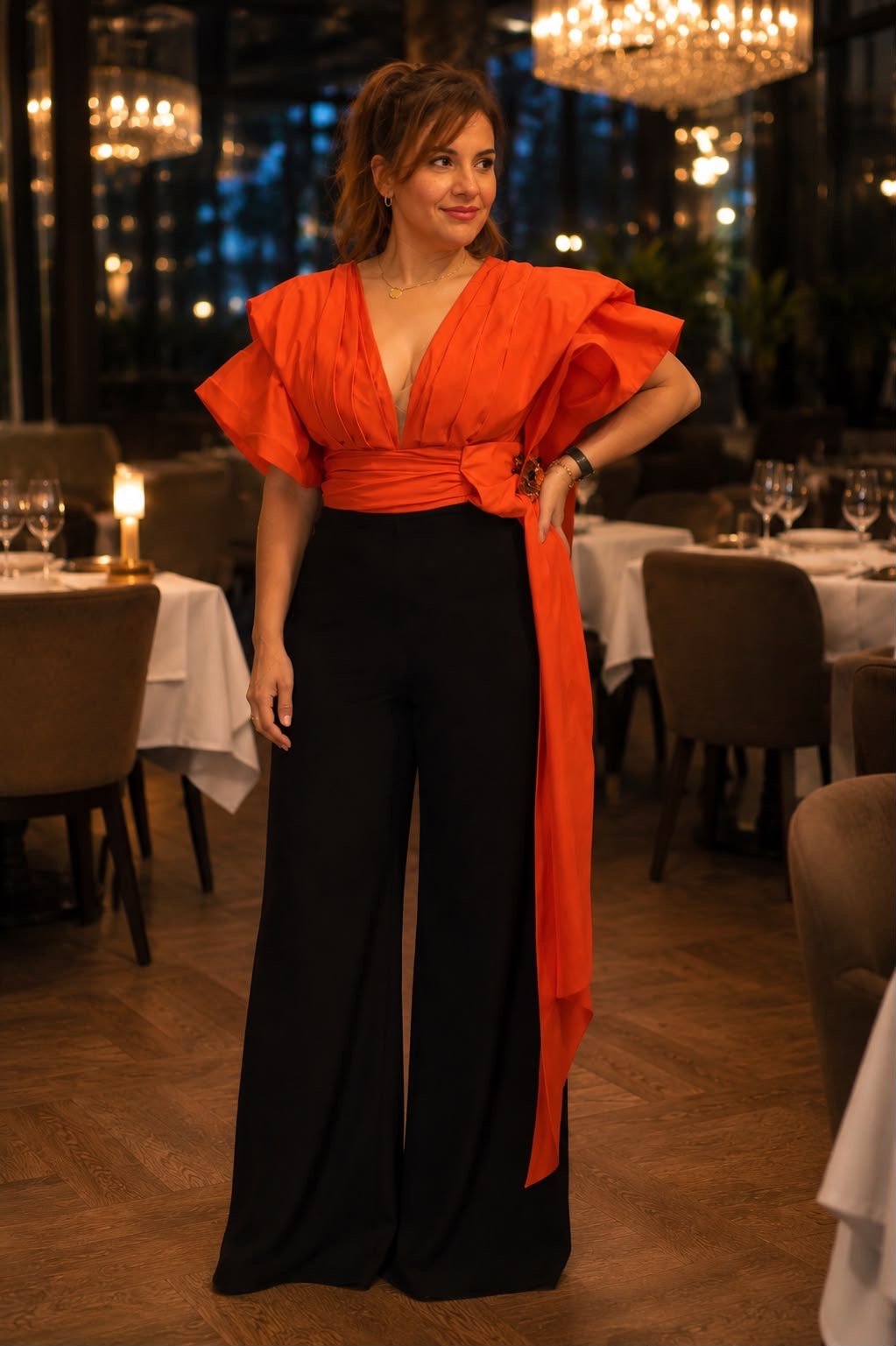 ✨ Salopetă elegantă în contrast portocaliu & negru ✨