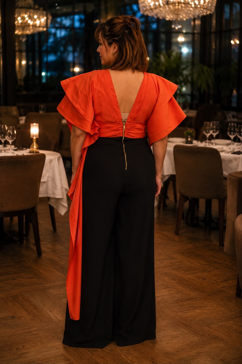 ✨ Salopetă elegantă în contrast portocaliu & negru ✨
