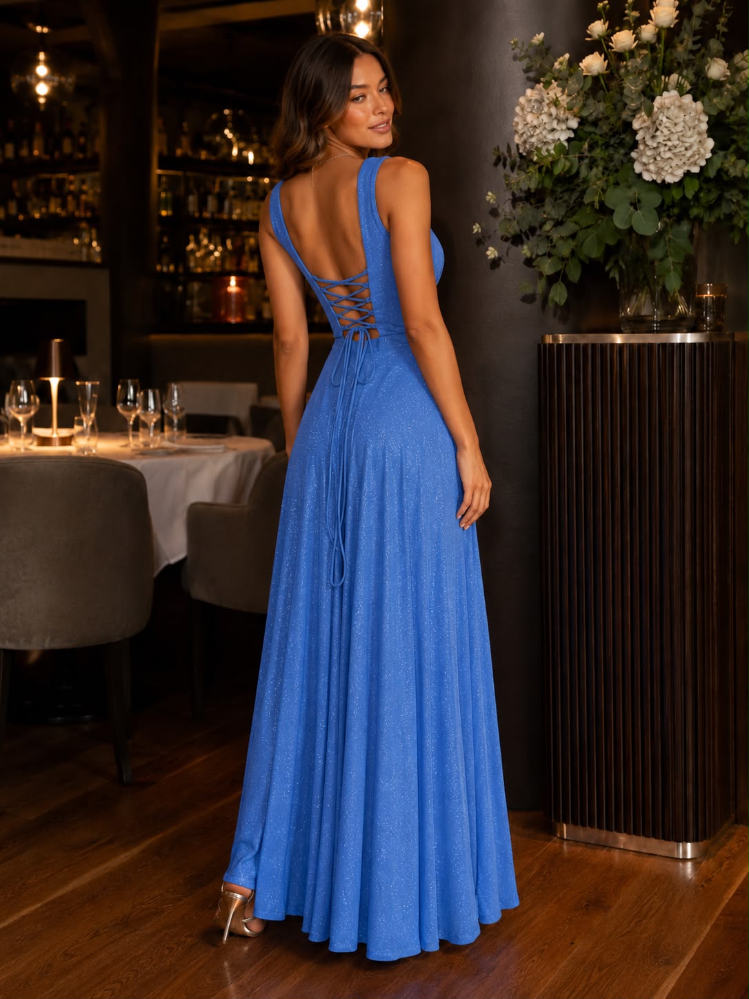 Rochie lungă elegantă cu lurex și corset reglabil – Albastru regal