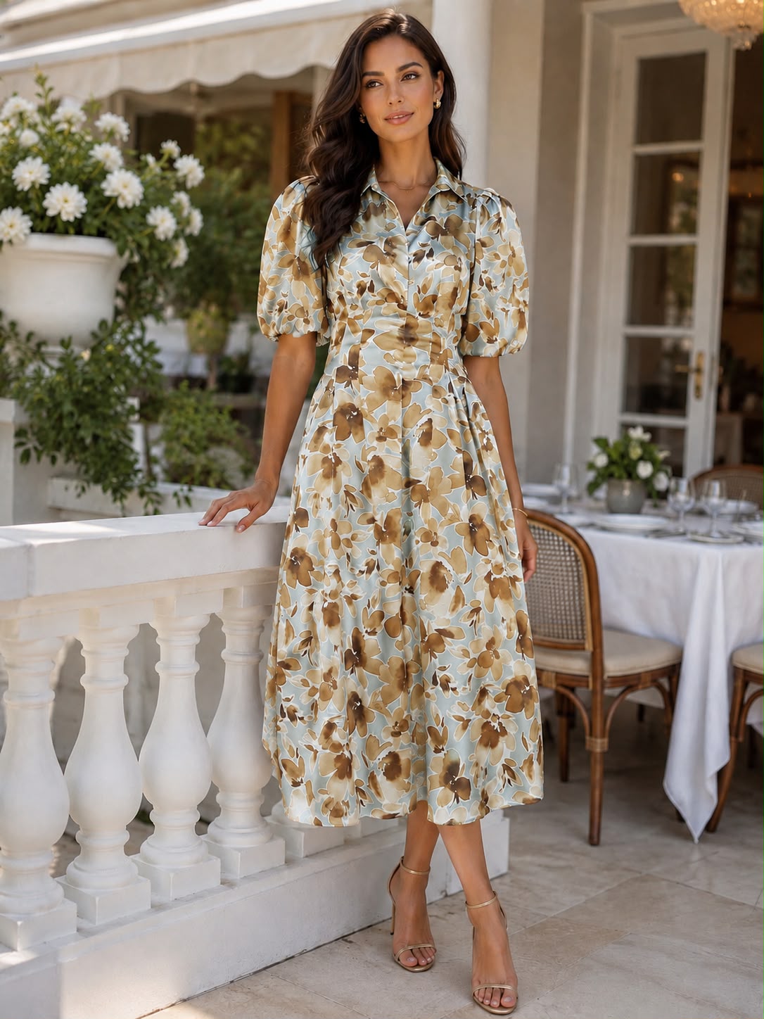Rochie Midi din Voal Satinat cu Pliuri și Imprimeu Floral