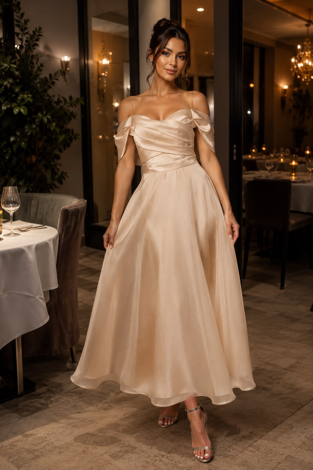 Rochie elegantă aurie din voal satinat