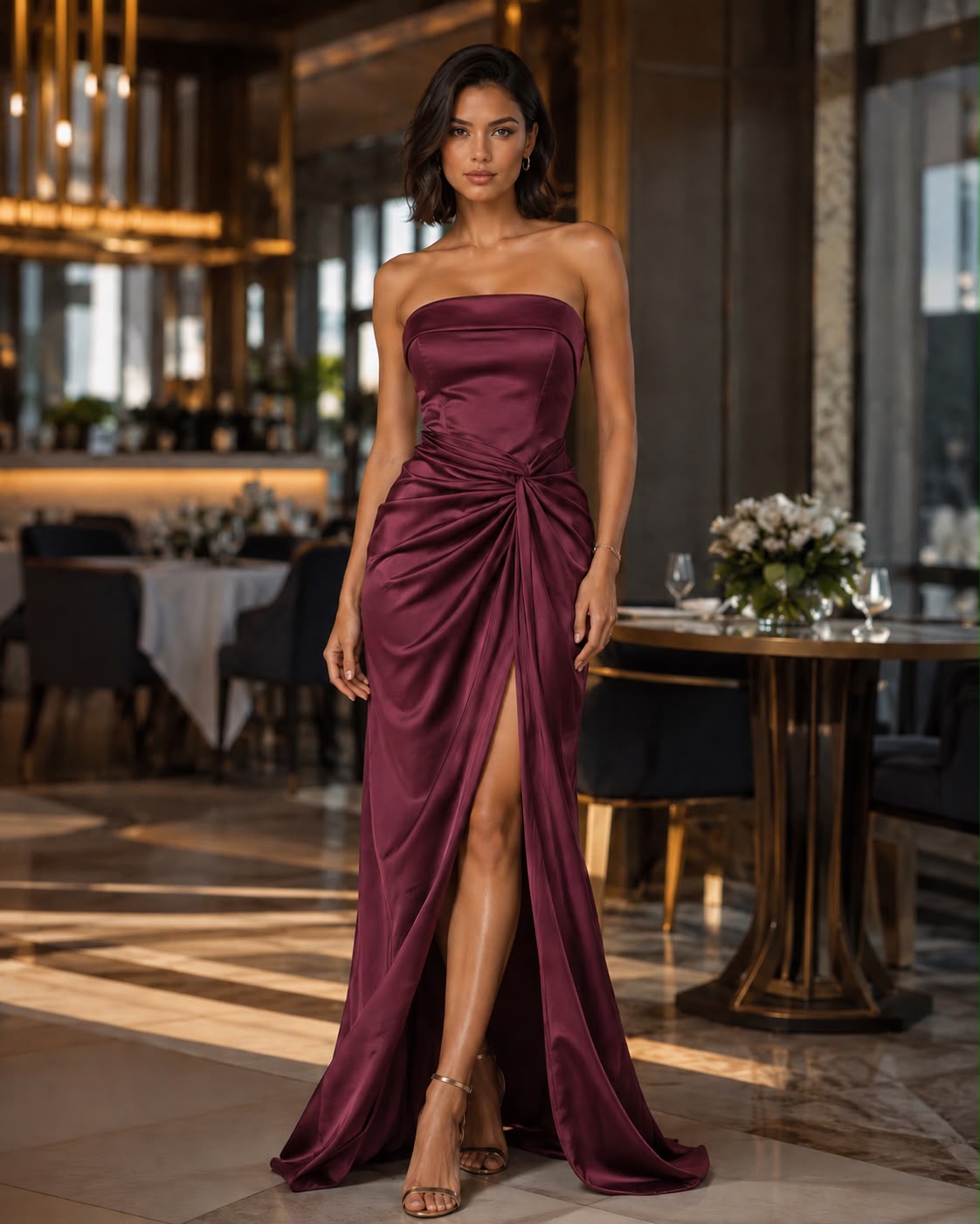 Rochie lungă elegantă din satin cu drapaj