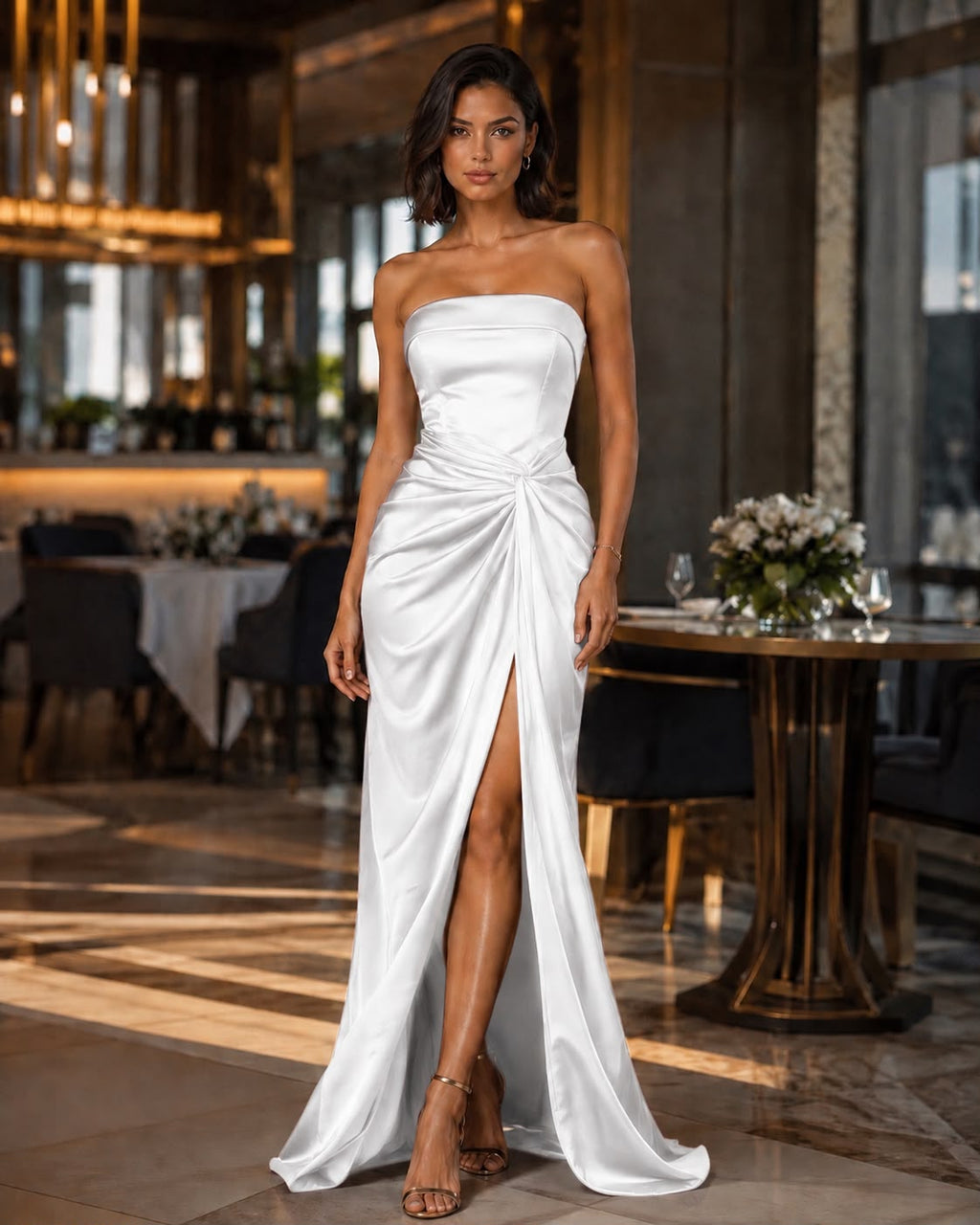 Rochie lungă elegantă din satin cu drapaj