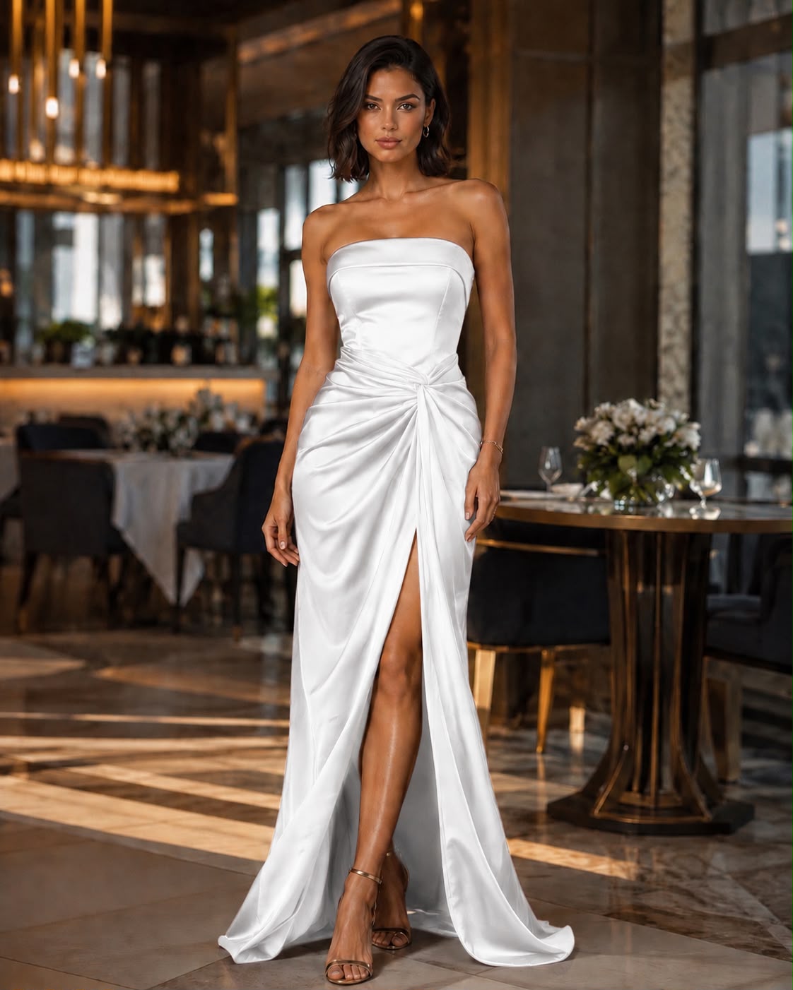 Rochie lungă elegantă din satin cu drapaj