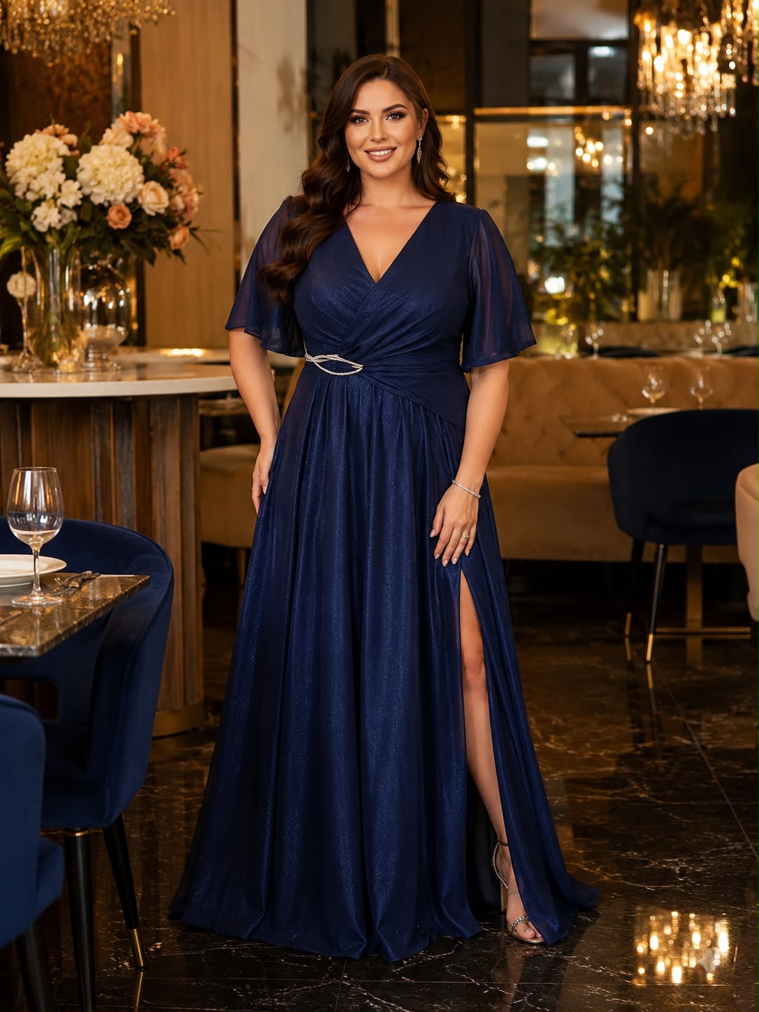 Rochie lungă elegantă din lurex cu sclipici – Bleumarin