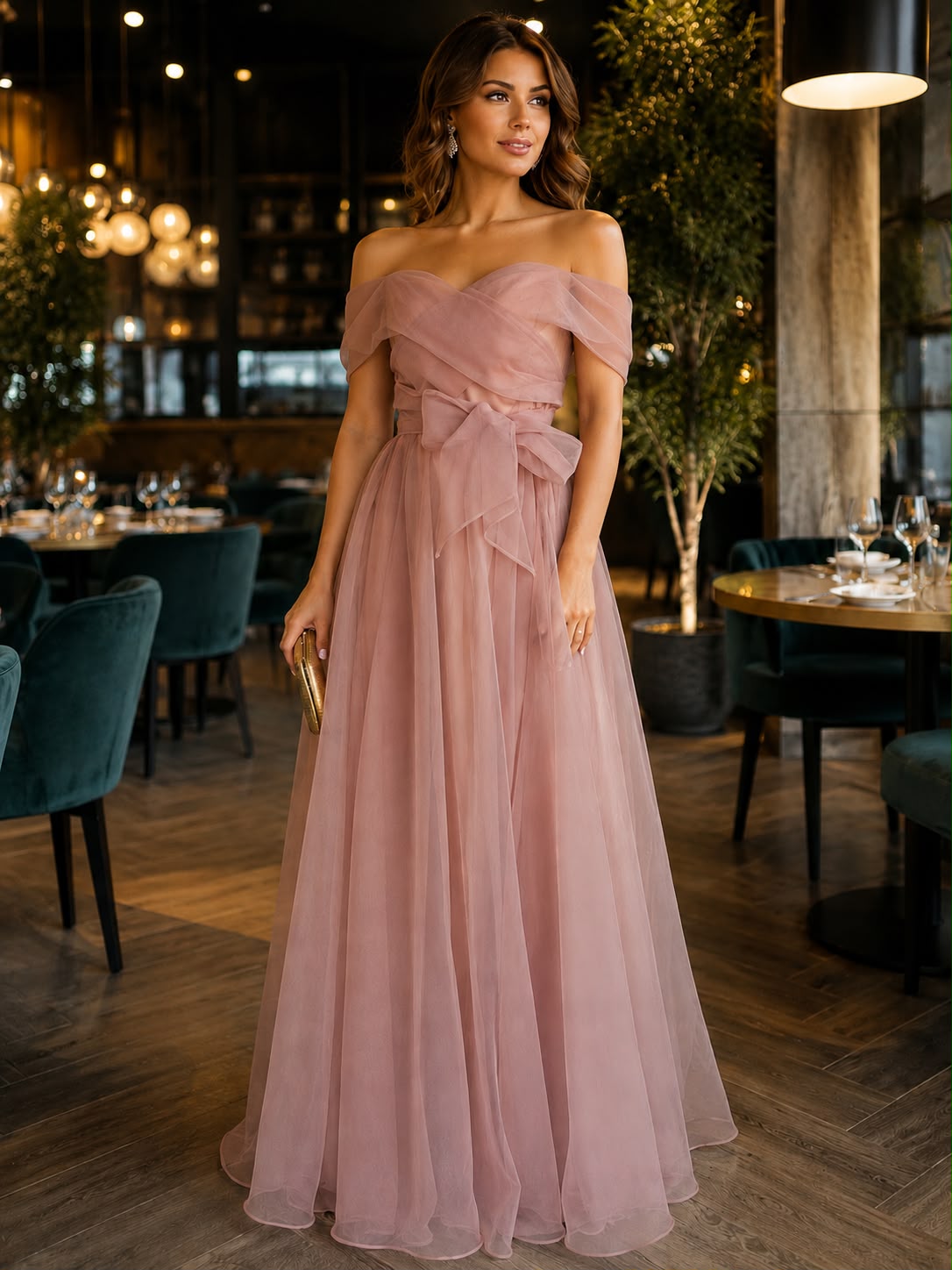 Rochie elegantă cappuccino din tul cu umeri goi