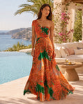 Rochie lungă de vară cu imprimeu tropical – Orange & Green