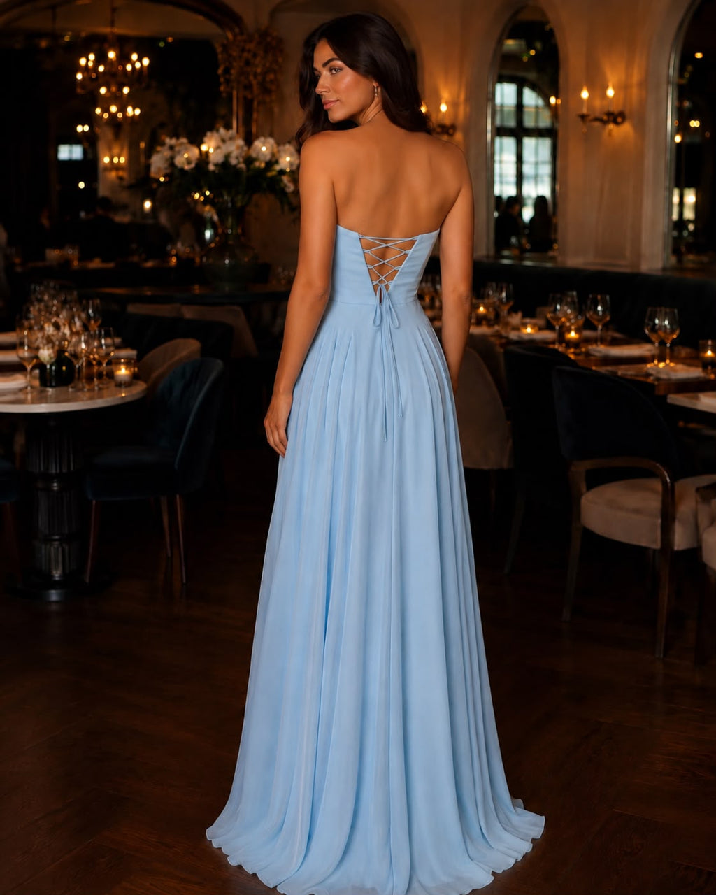 Rochie lungă bleu din voal cu corset și crăpătură elegantă