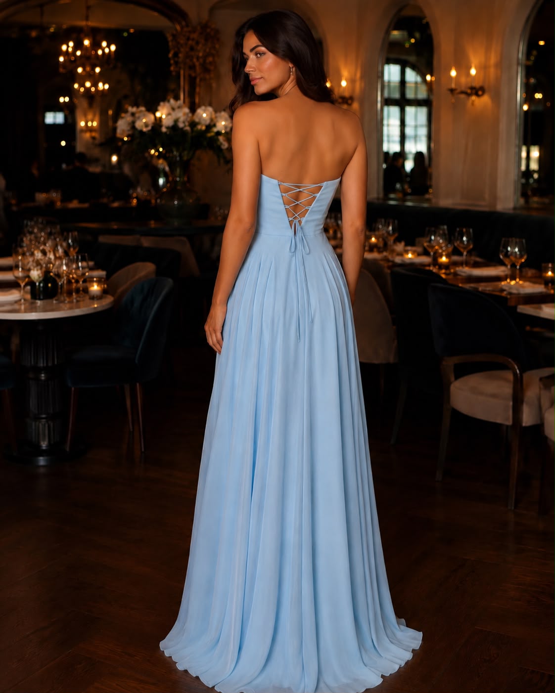 Rochie lungă bleu din voal cu corset și crăpătură elegantă