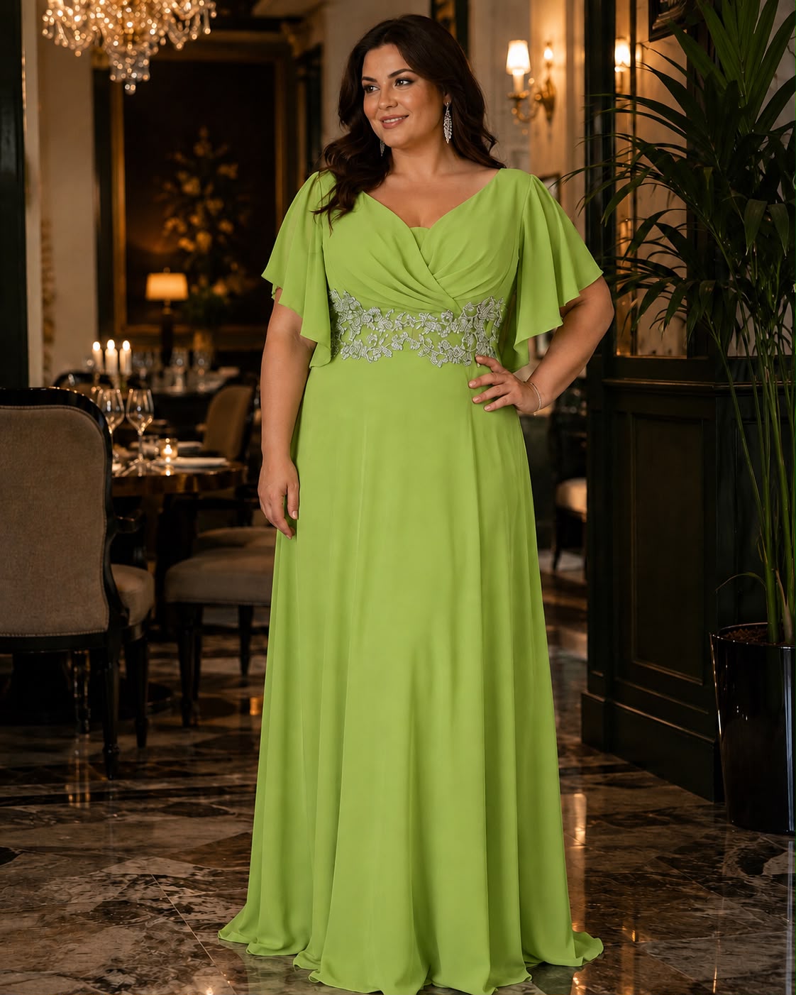 Rochie lungă elegantă din voal verde lime