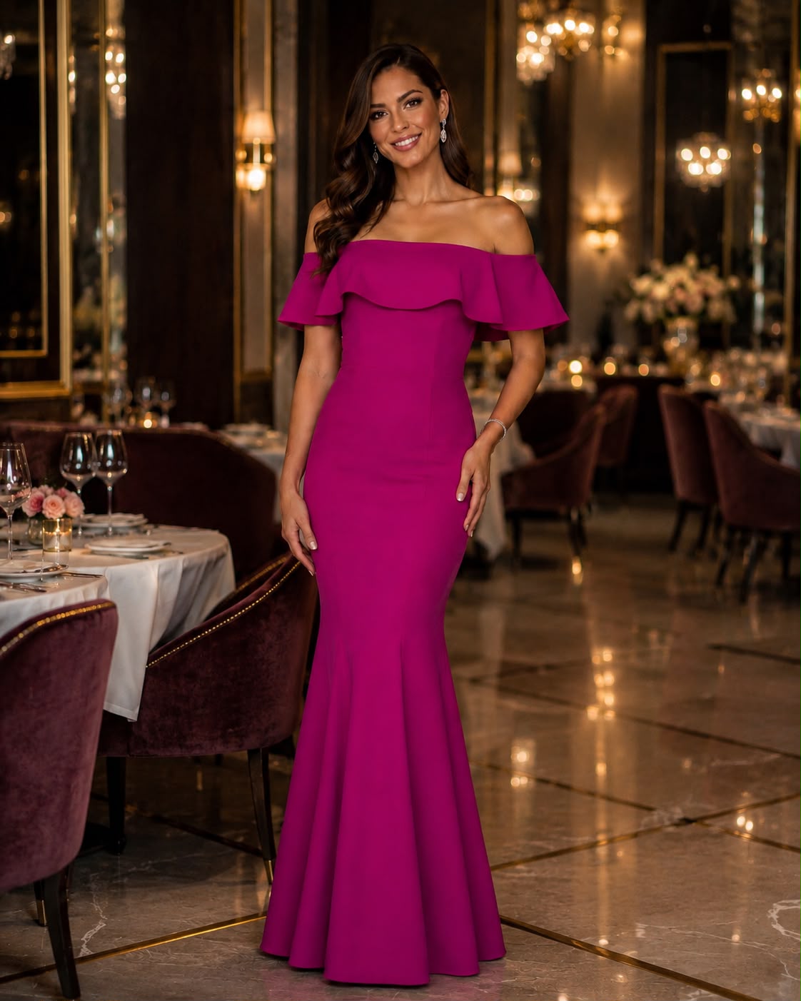 Rochie lungă fucsia tip sirenă cu umerii goi