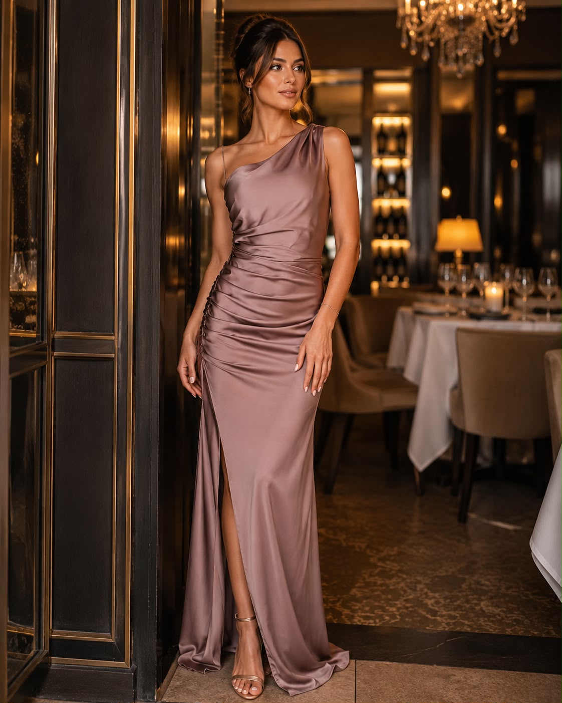 Rochie lungă elegantă Nude Cappuccino / Fucsia cu drapaje și croială asimetrică