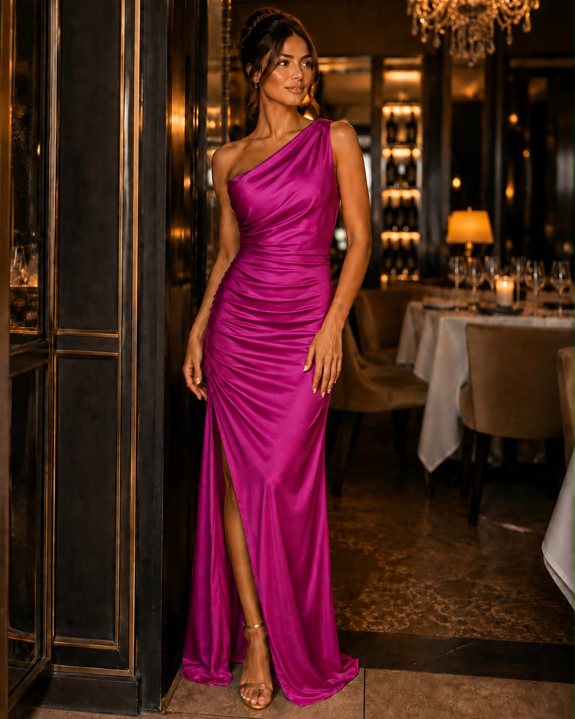 Rochie lungă elegantă Nude Cappuccino / Fucsia cu drapaje și croială asimetrică