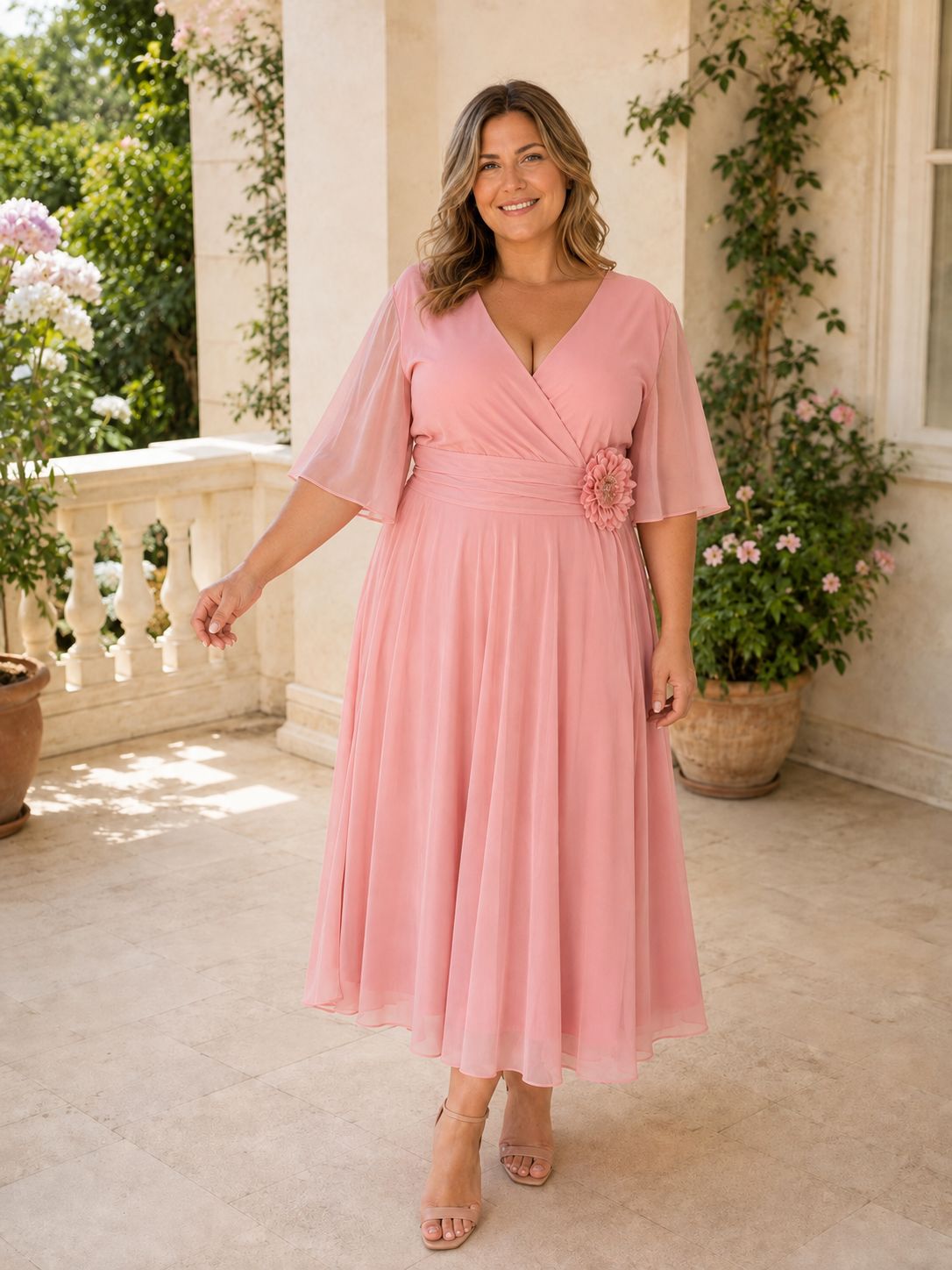 Rochie midi elegantă roz-somon cu țesătură ajurată