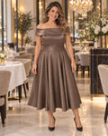 Rochie midi elegantă maro-cappuccino pentru evenimente speciale